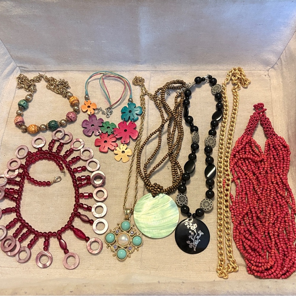 Vintage Necklace 8P Beads Pendants Boho Gothic Handmade Bib Jewelry Lot